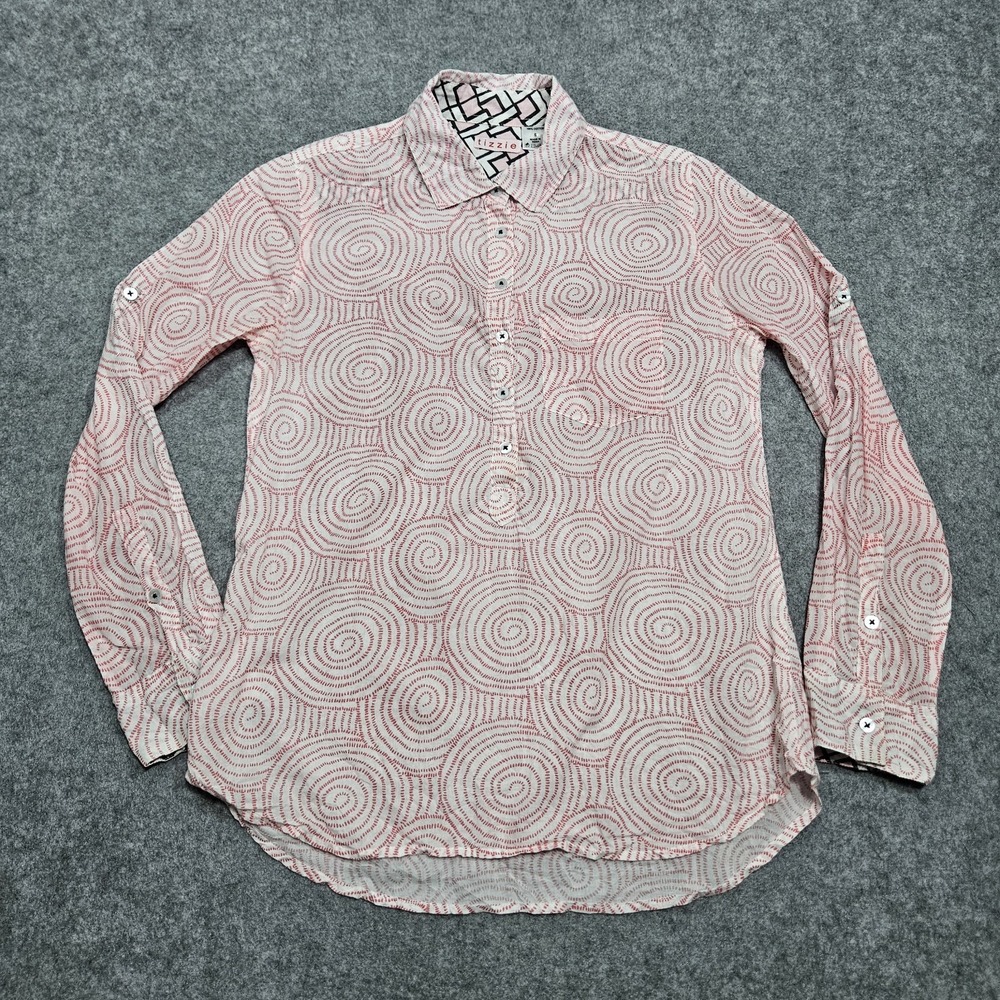 Tizzie Women's Retro Geometric Button-Up Shirt Small Pink White